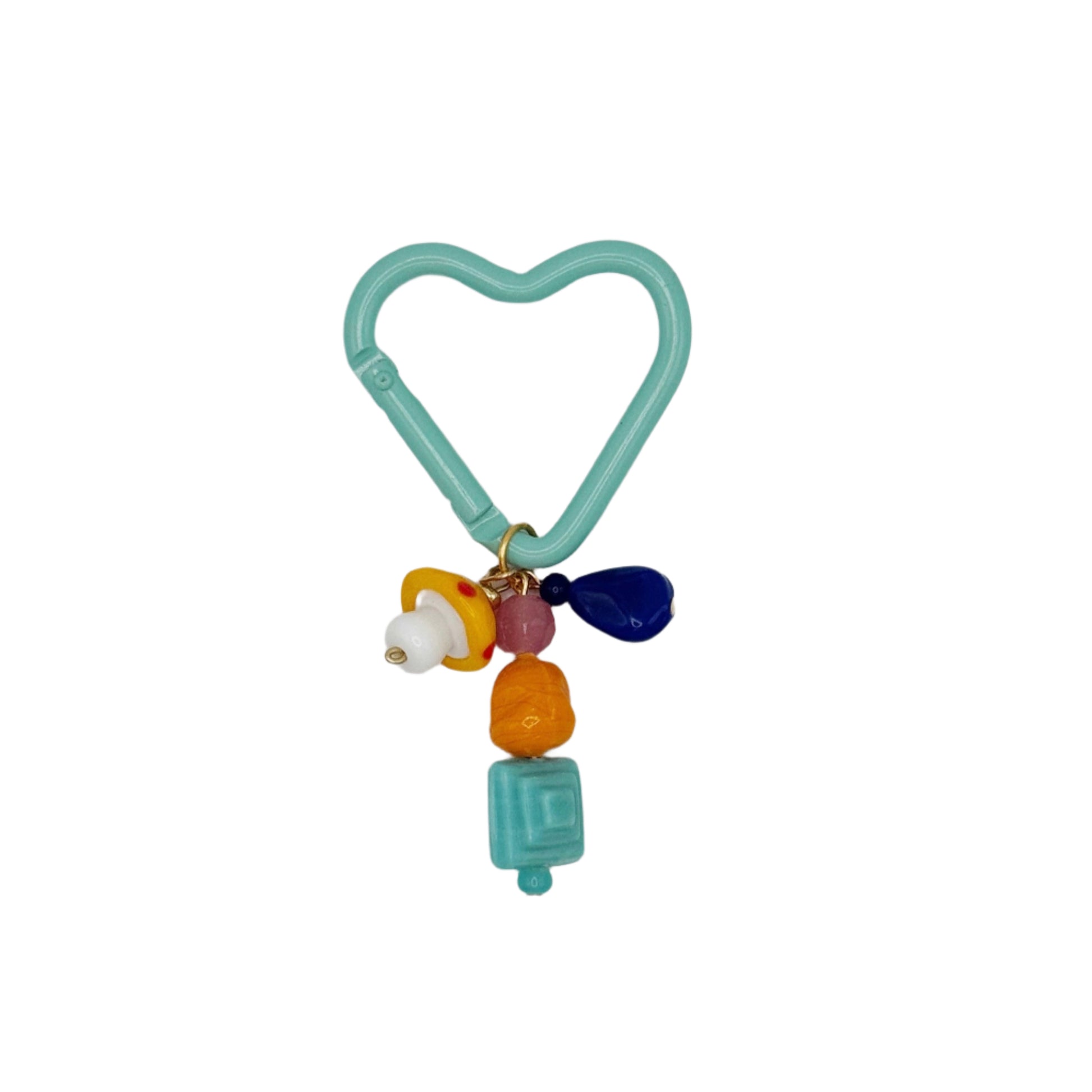 Heart-shaped keychain with colorful beads on a white background