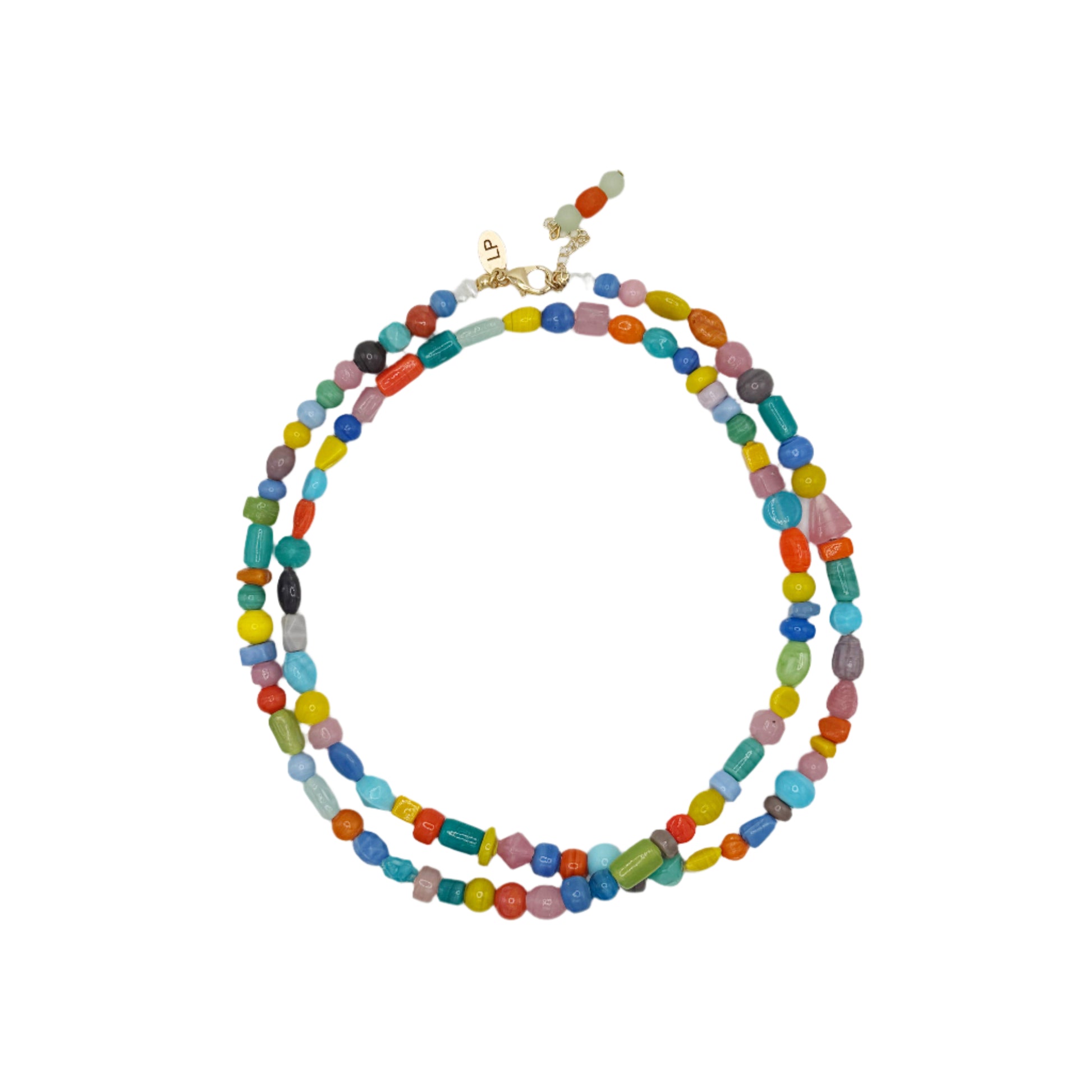 Colorful beaded necklace on a light gray background
