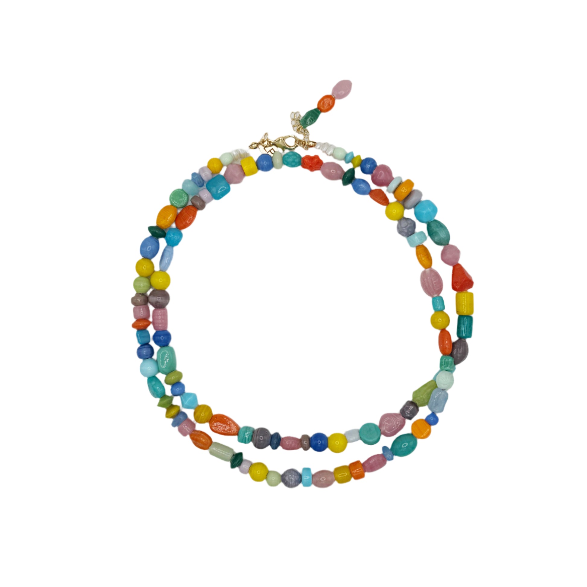 Multicolored beaded necklace on a white background