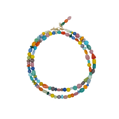 Multicolored beaded necklace on a white background