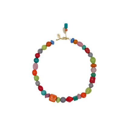 Colorful beaded necklace on a white background
