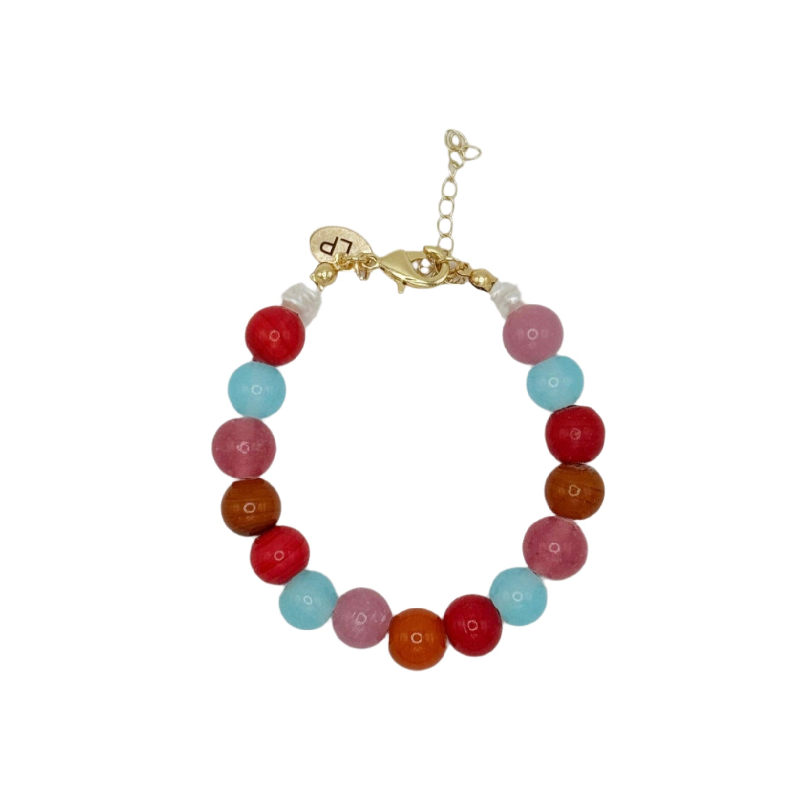 Multicolored beaded bracelet on a light pink background