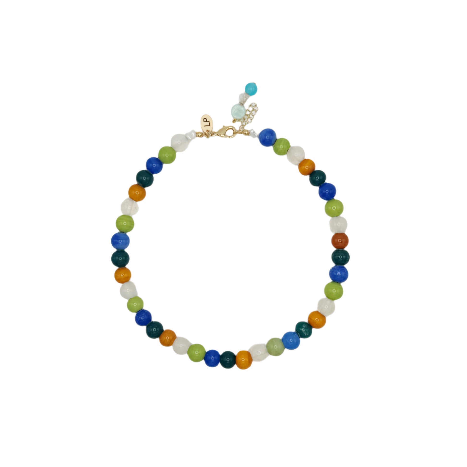 Multicolored beaded necklace on a white background