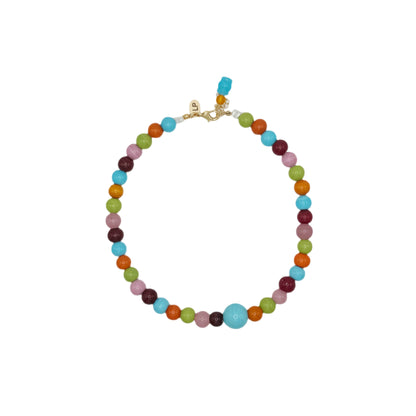 Colorful beaded necklace on a white background