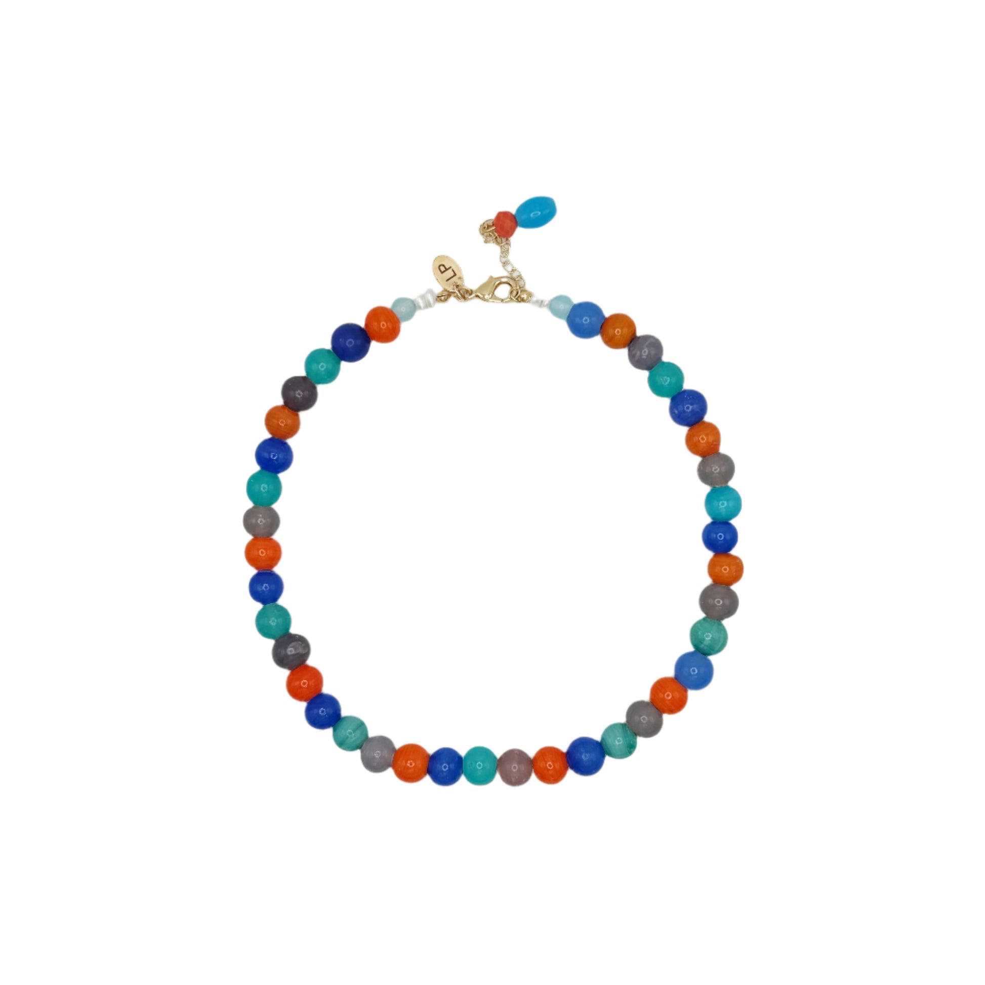 Multicolored beaded necklace on a white background