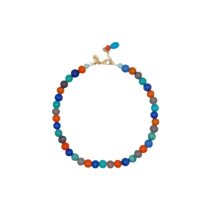 Multicolored beaded necklace on a white background