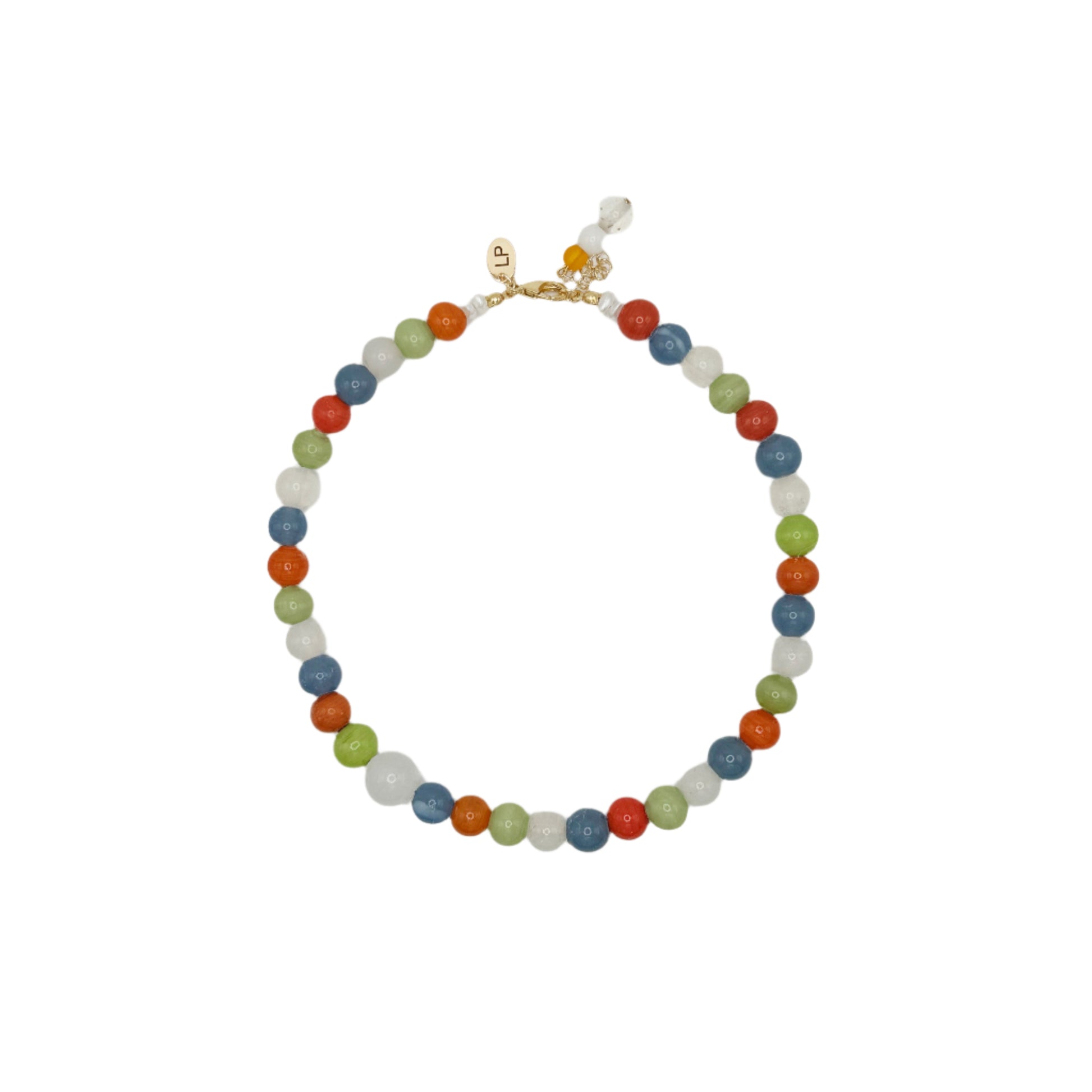 Multicolored beaded necklace on a white background