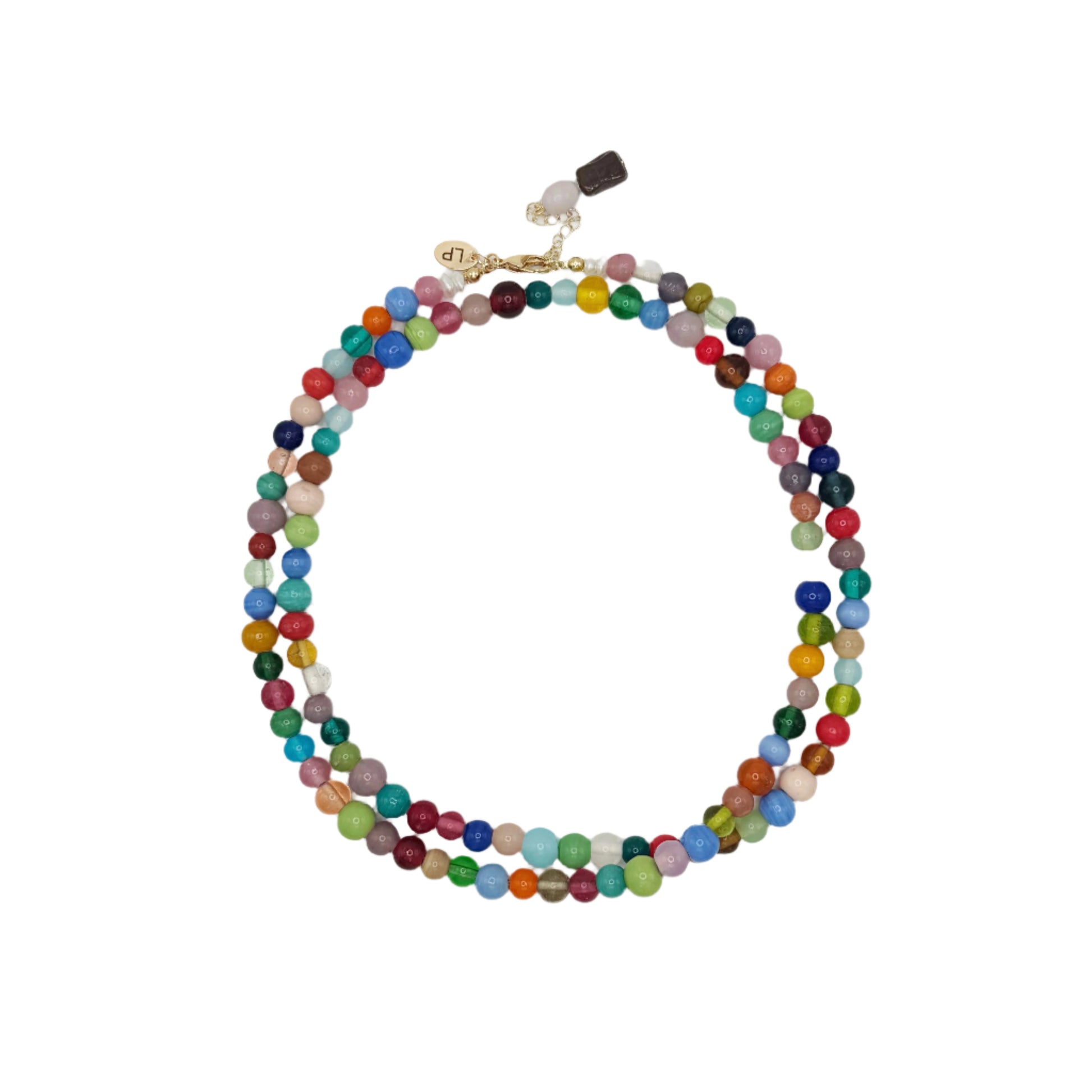 Multicolored beaded necklace on a white background