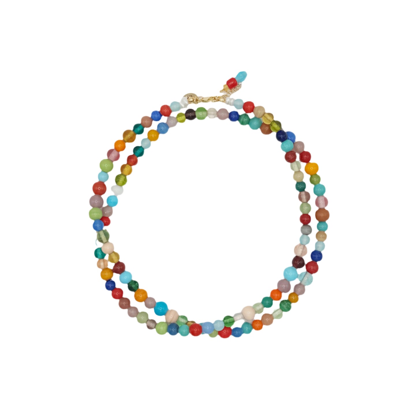 Multicolored beaded necklace on a light gray background