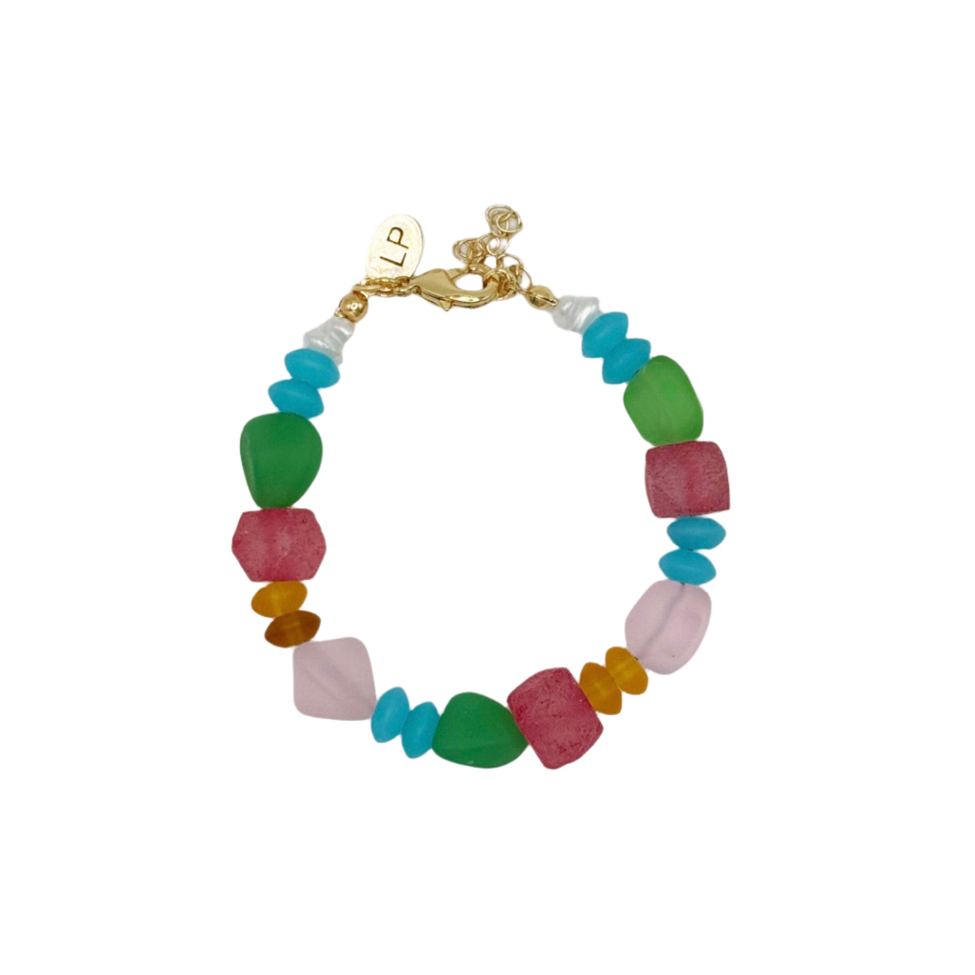 Multicolored beaded bracelet on a white background