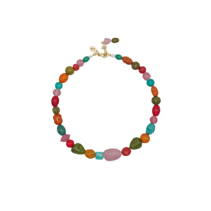 Multicolored beaded necklace on a white background