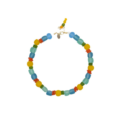 Colorful beaded necklace on a white background