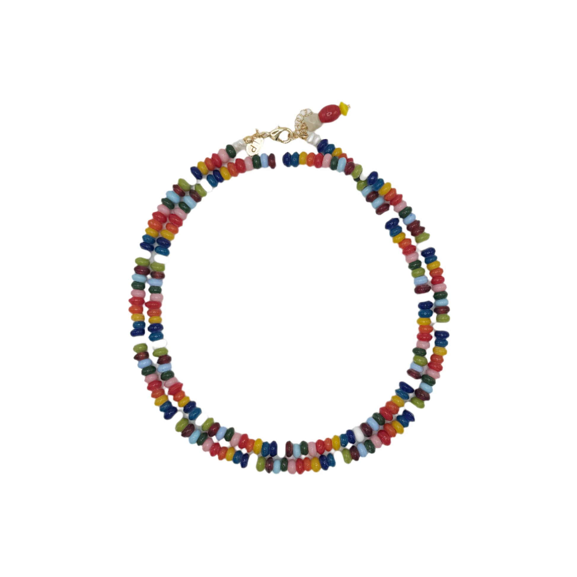 Colorful beaded necklace on a white background