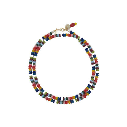 Colorful beaded necklace on a white background