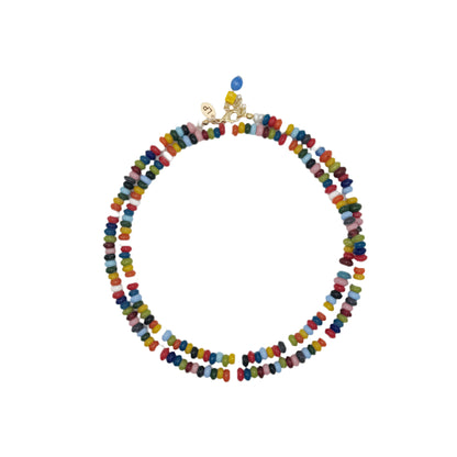 Colorful beaded necklace on a white background