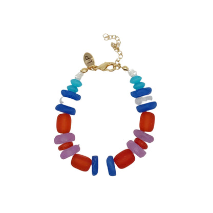 Colorful beaded bracelet with a gold clasp on a white background