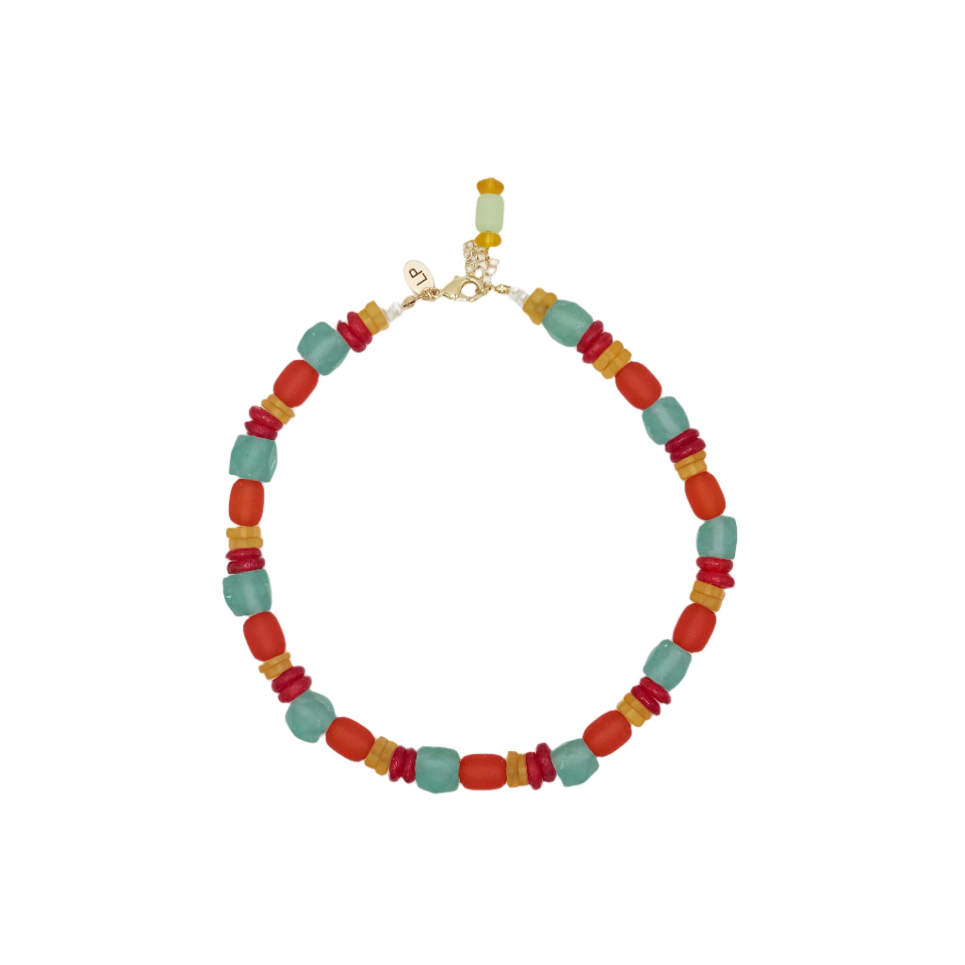 Colorful beaded necklace on a white background