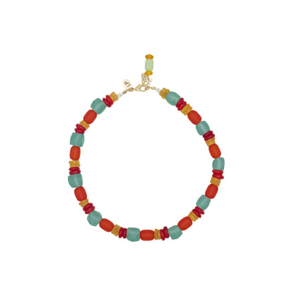 Colorful beaded necklace on a white background