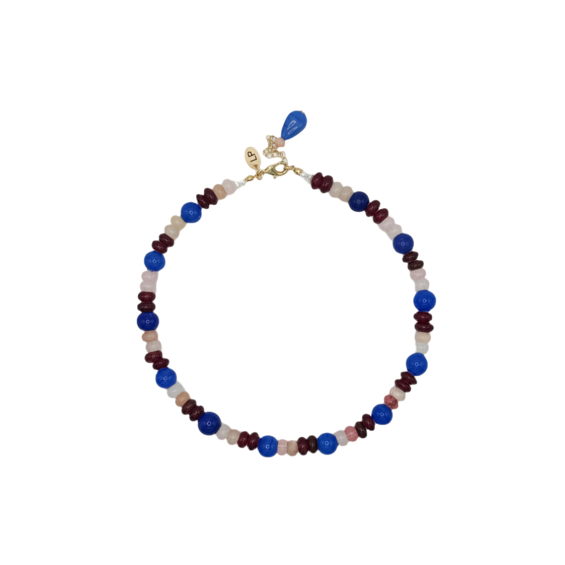 Beaded necklace with blue, red, and gold accents on a white background