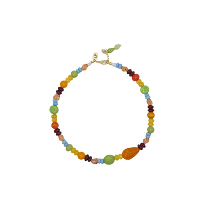 Colorful beaded necklace on a white background