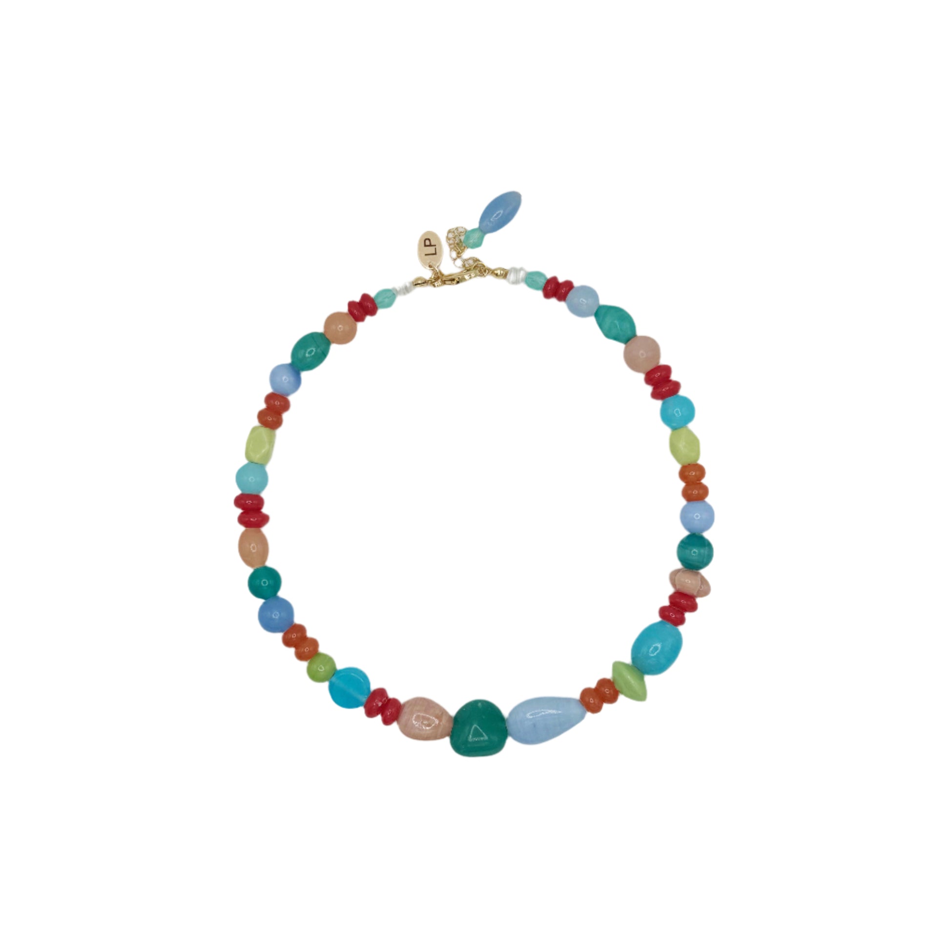 Colorful beaded necklace on a white background