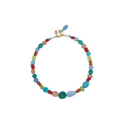 Colorful beaded necklace on a white background