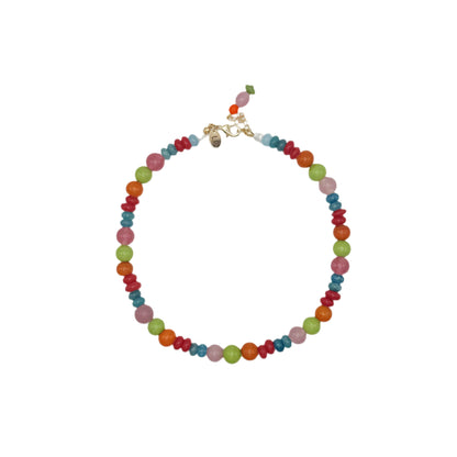 Colorful beaded necklace on a white background
