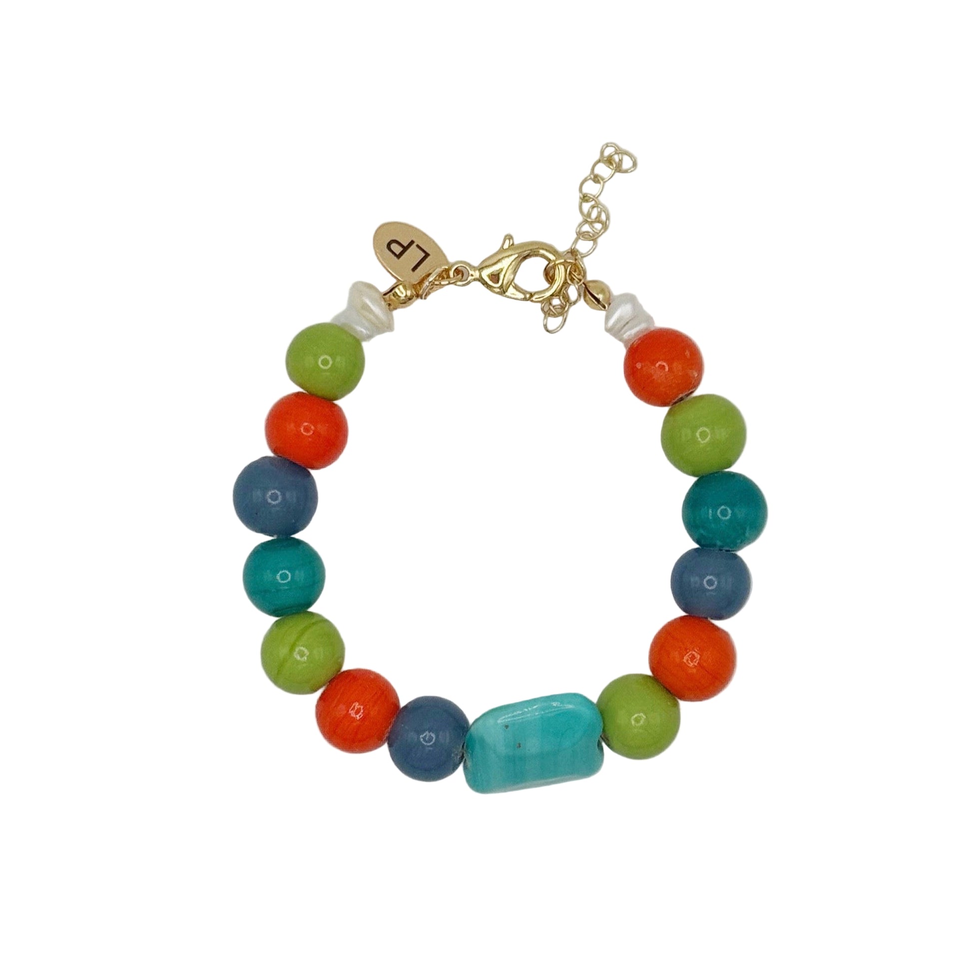 Multicolored beaded bracelet with a gold clasp on a white background