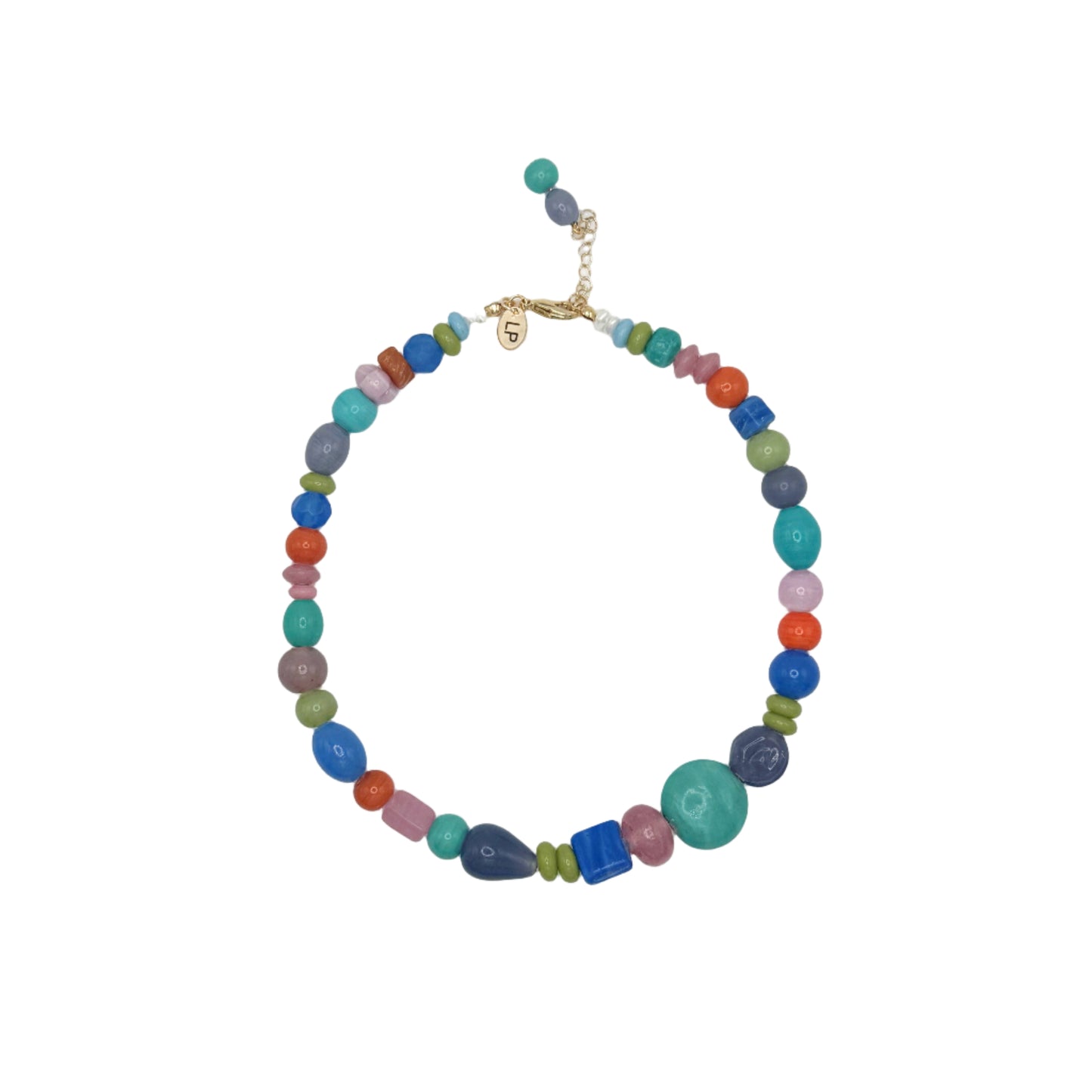 Multicolored beaded necklace on a white background