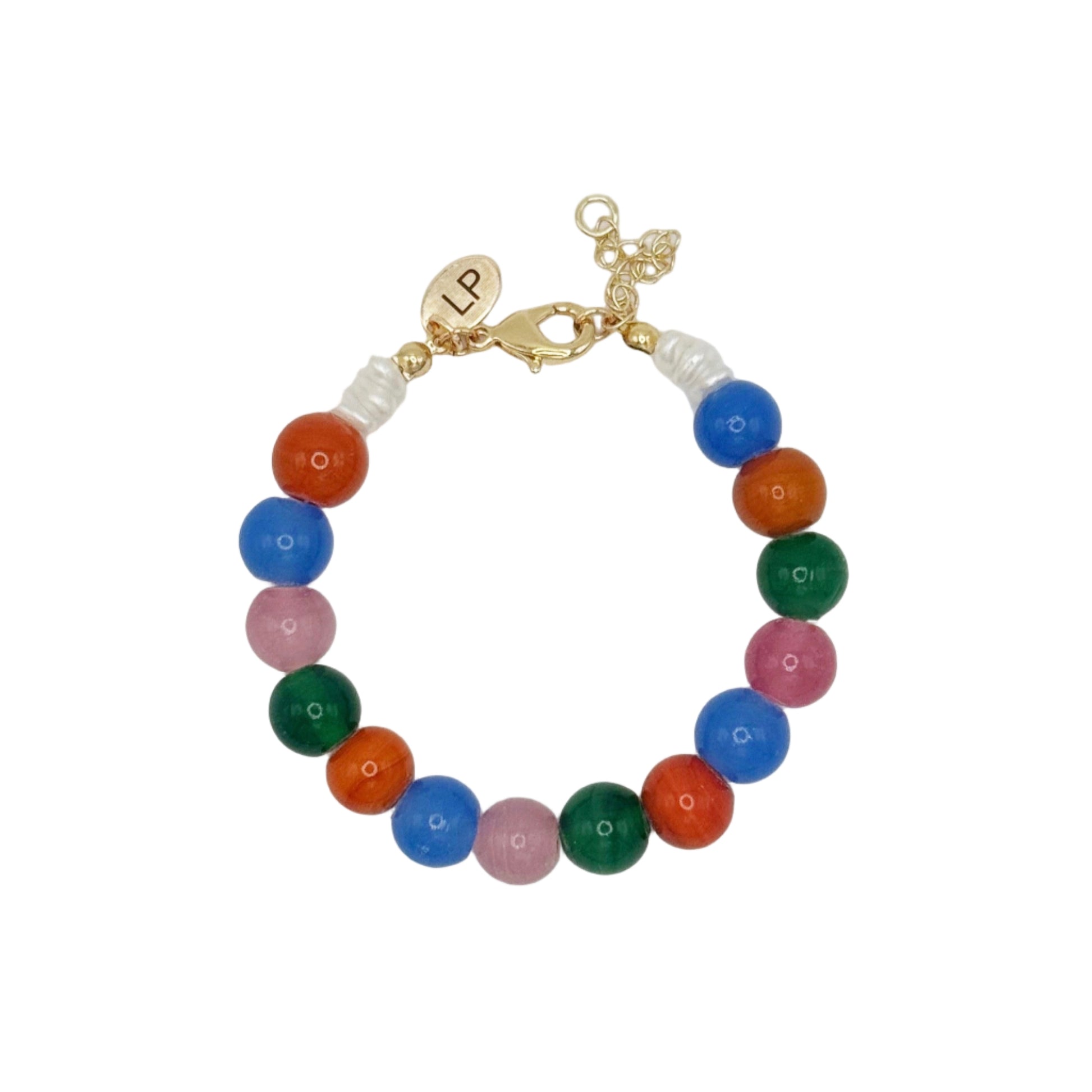 Multicolored beaded bracelet with a gold clasp on a white background