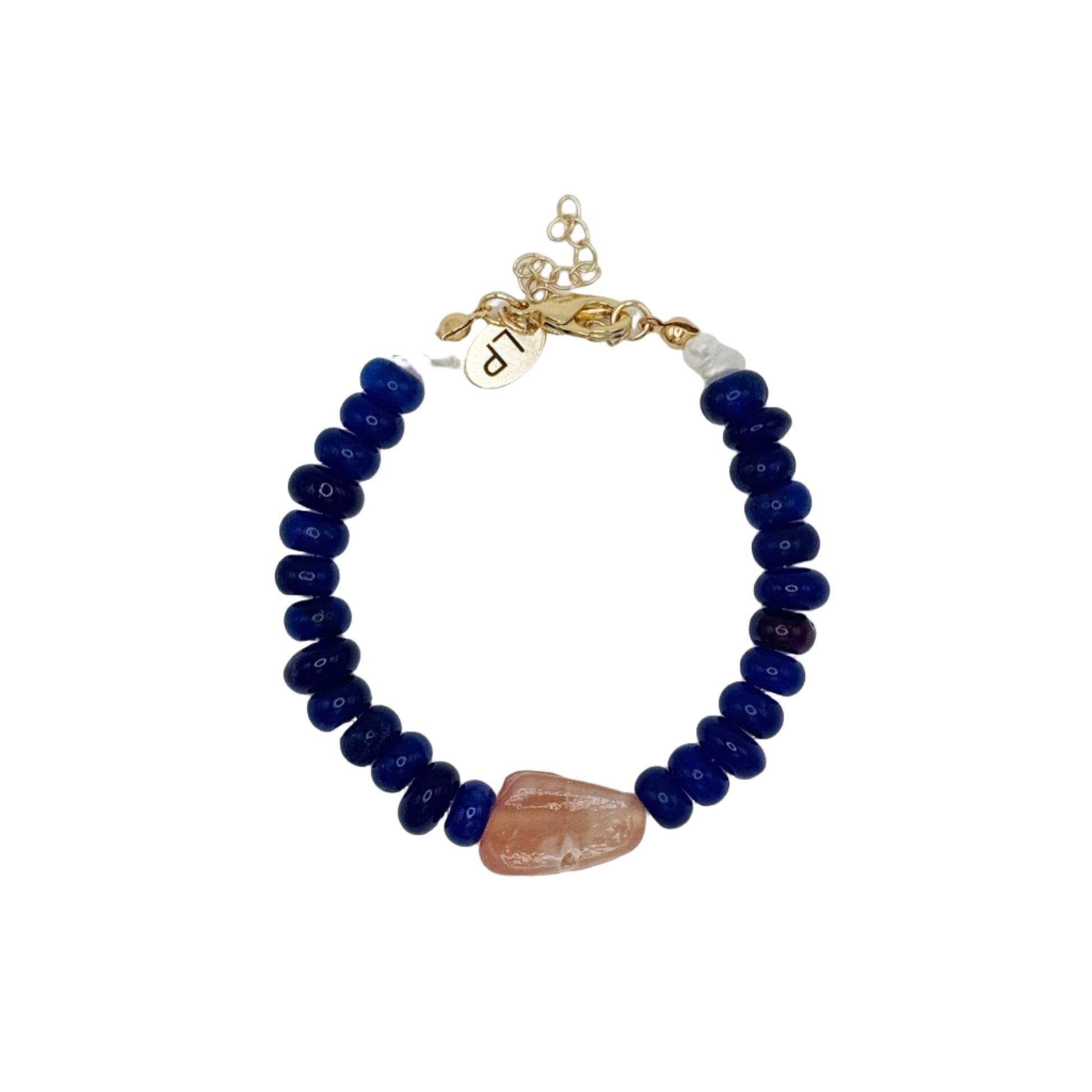Navy beaded bracelet with a gold clasp on a white background