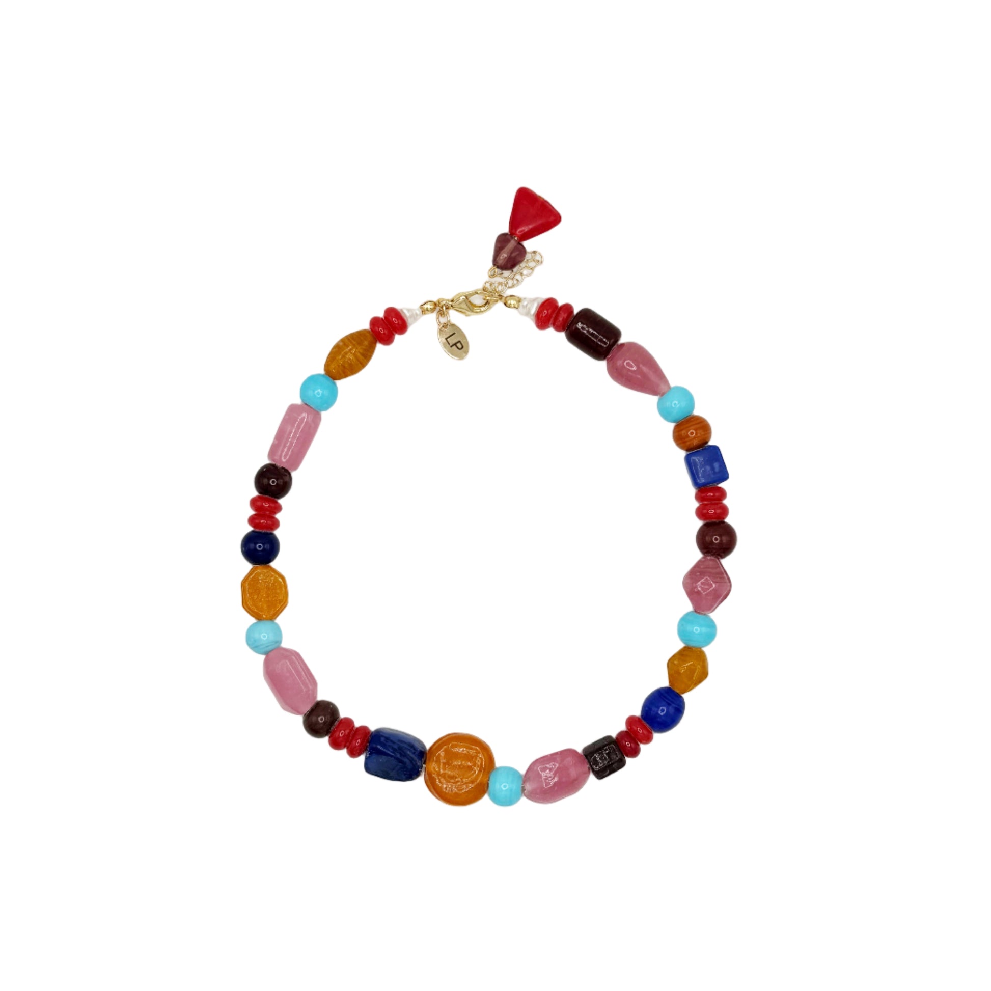 Multicolored beaded necklace on a white background