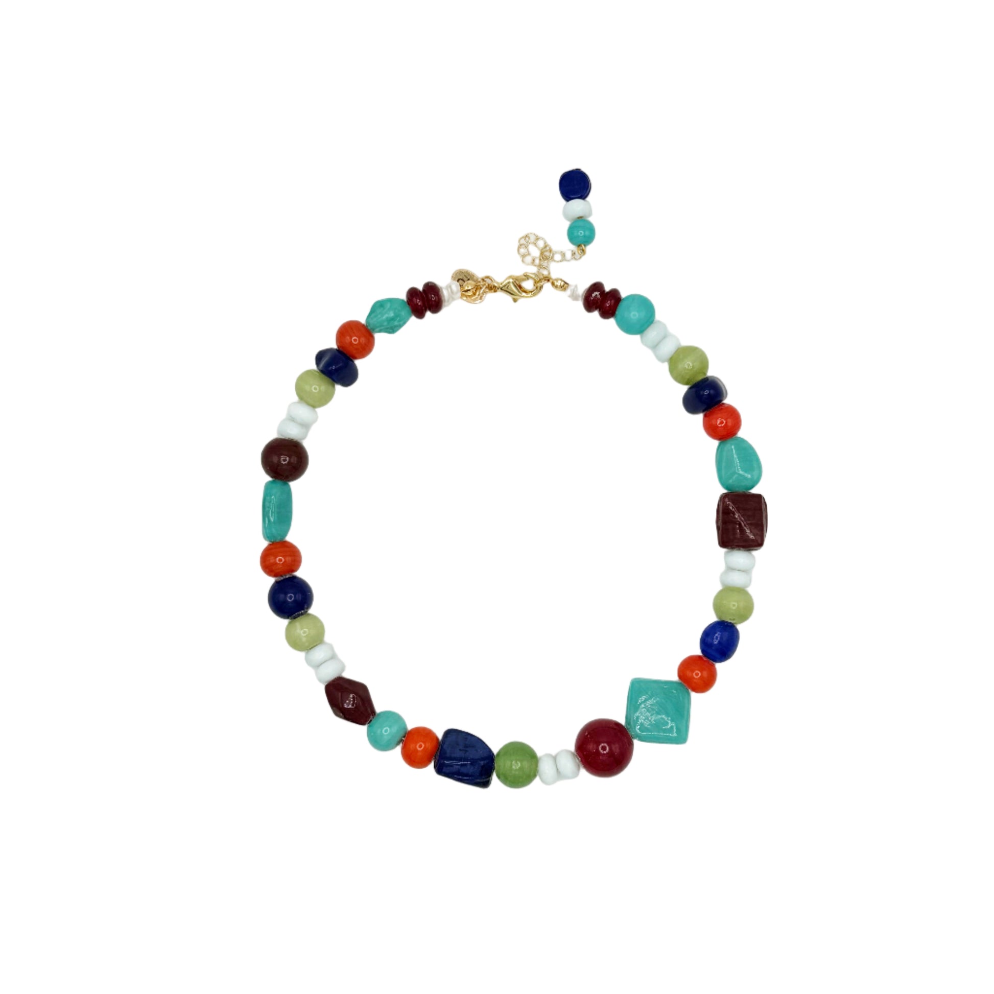 Colorful beaded necklace on a white background