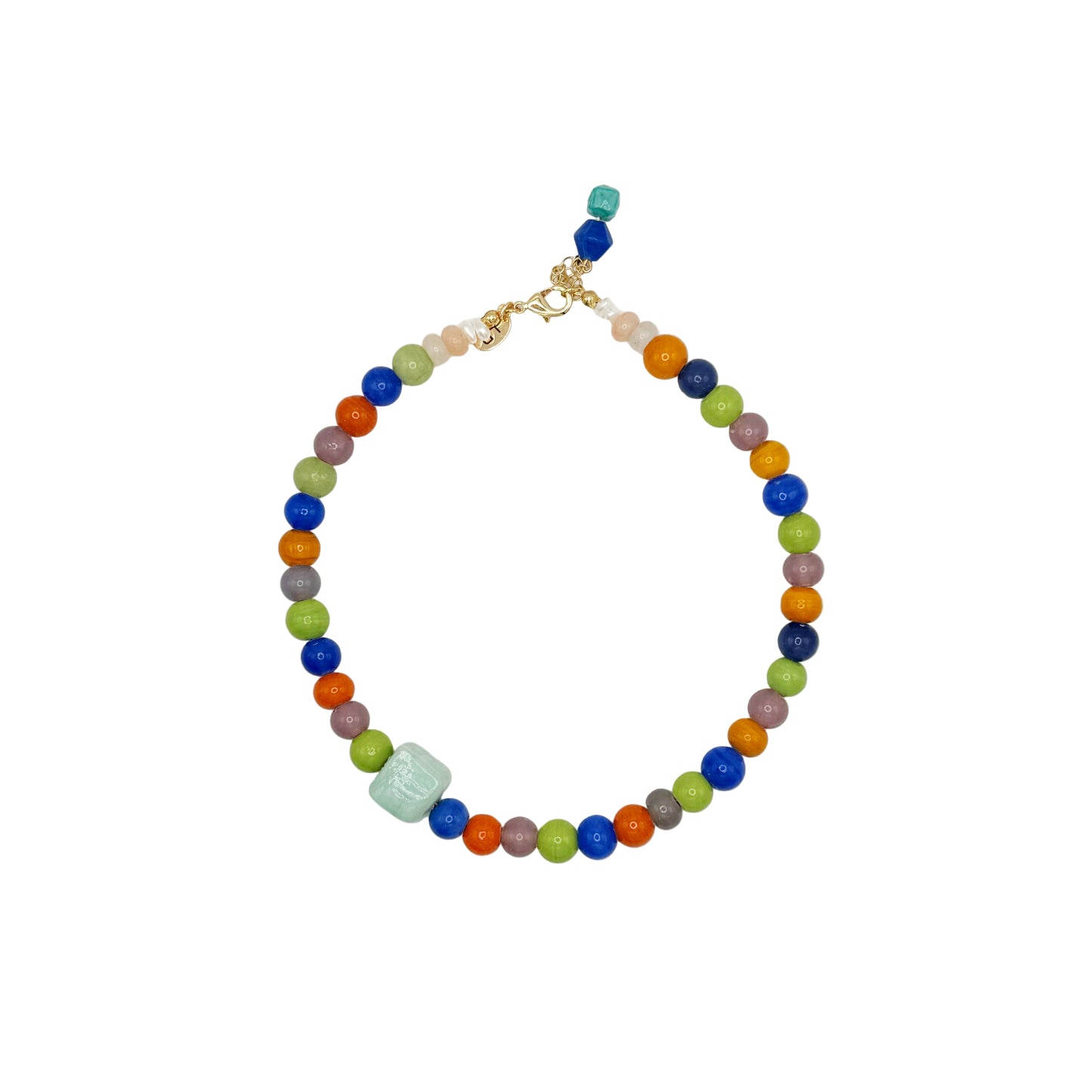 Multicolored beaded necklace on a white background