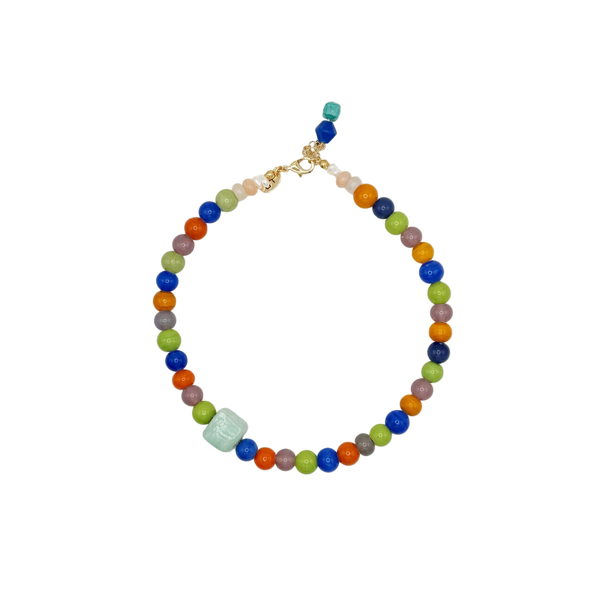 Multicolored beaded necklace on a white background