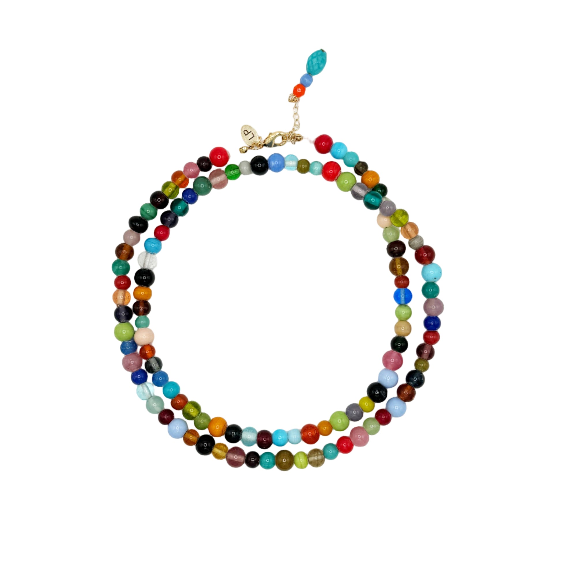 Multicolored beaded necklace on a white background