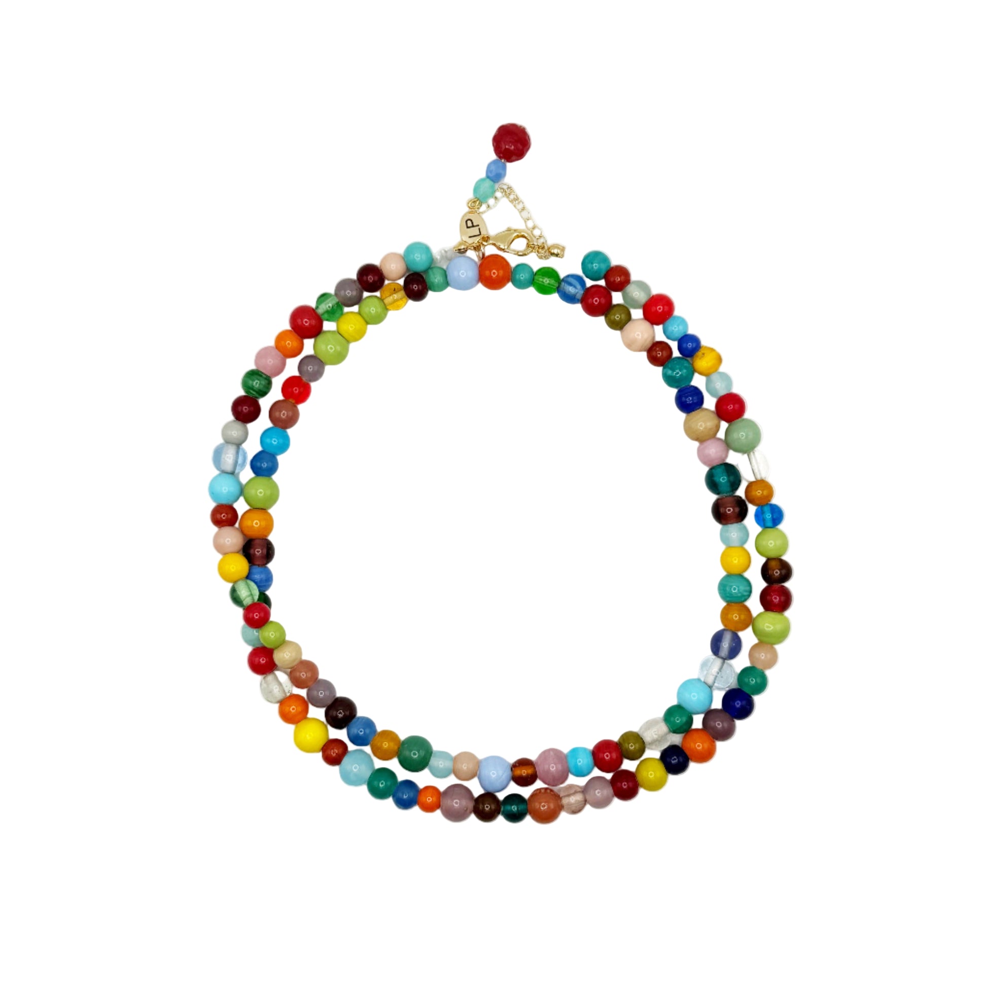 Colorful beaded necklace on a white background