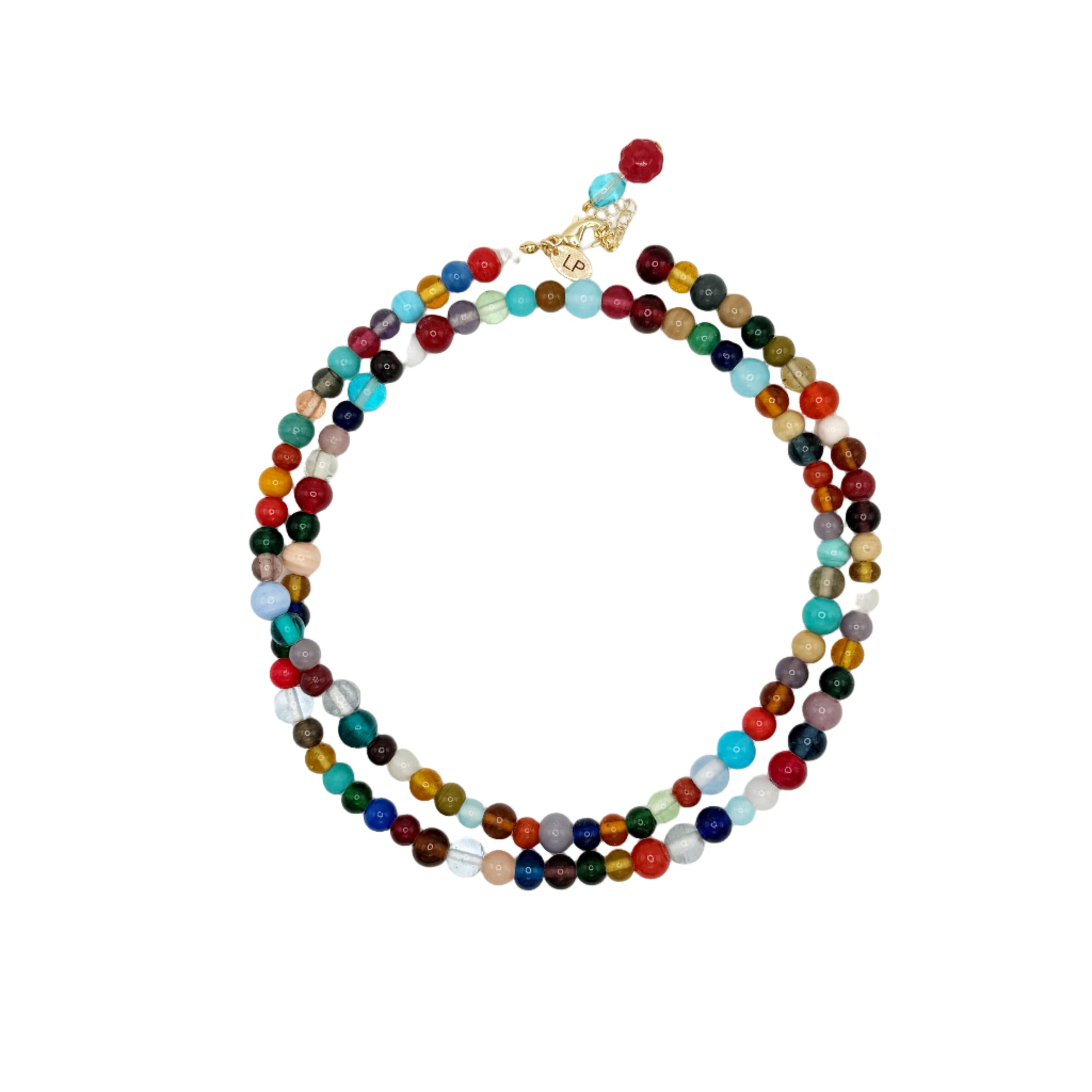 Multicolored beaded necklace on a white background