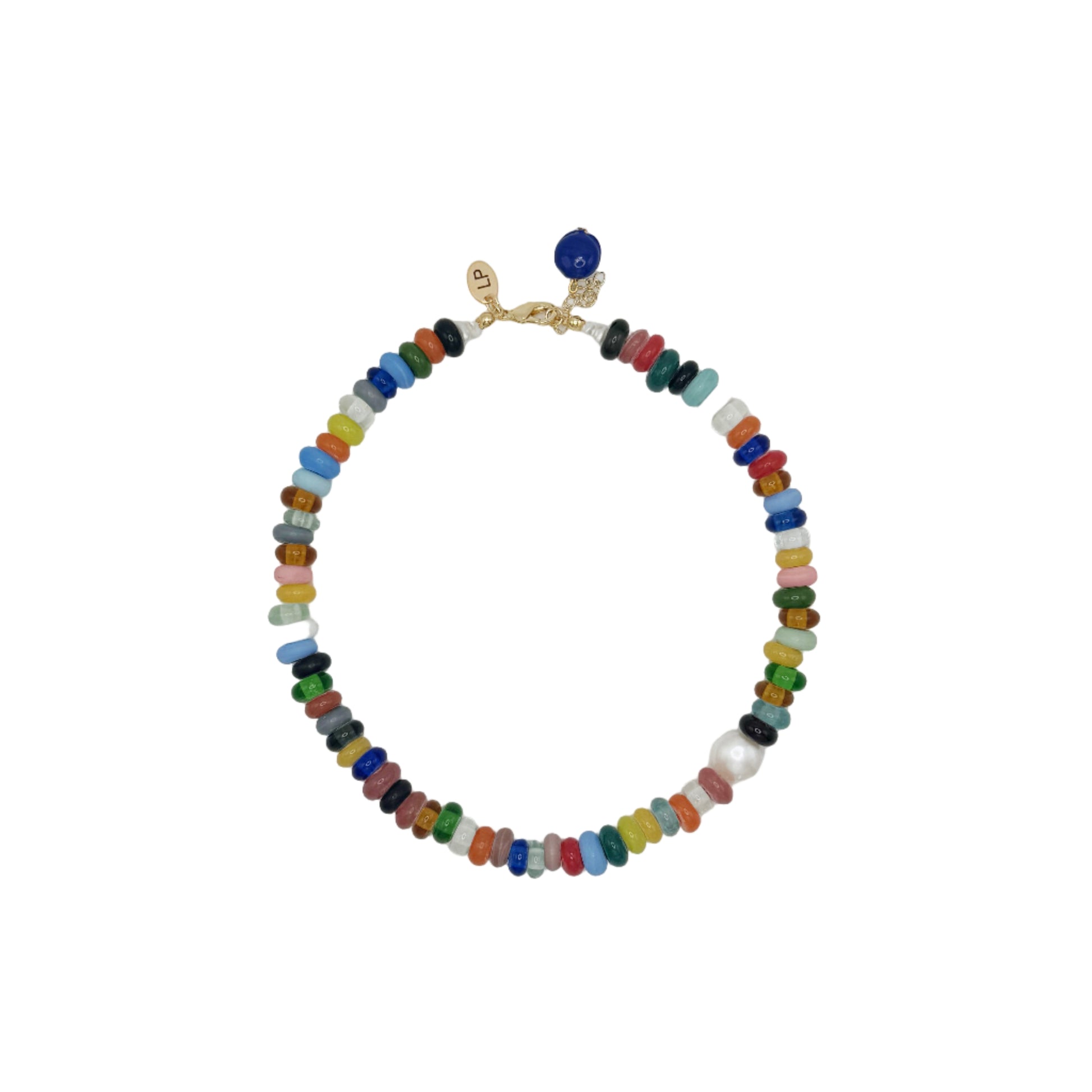 Multicolored beaded necklace on a white background