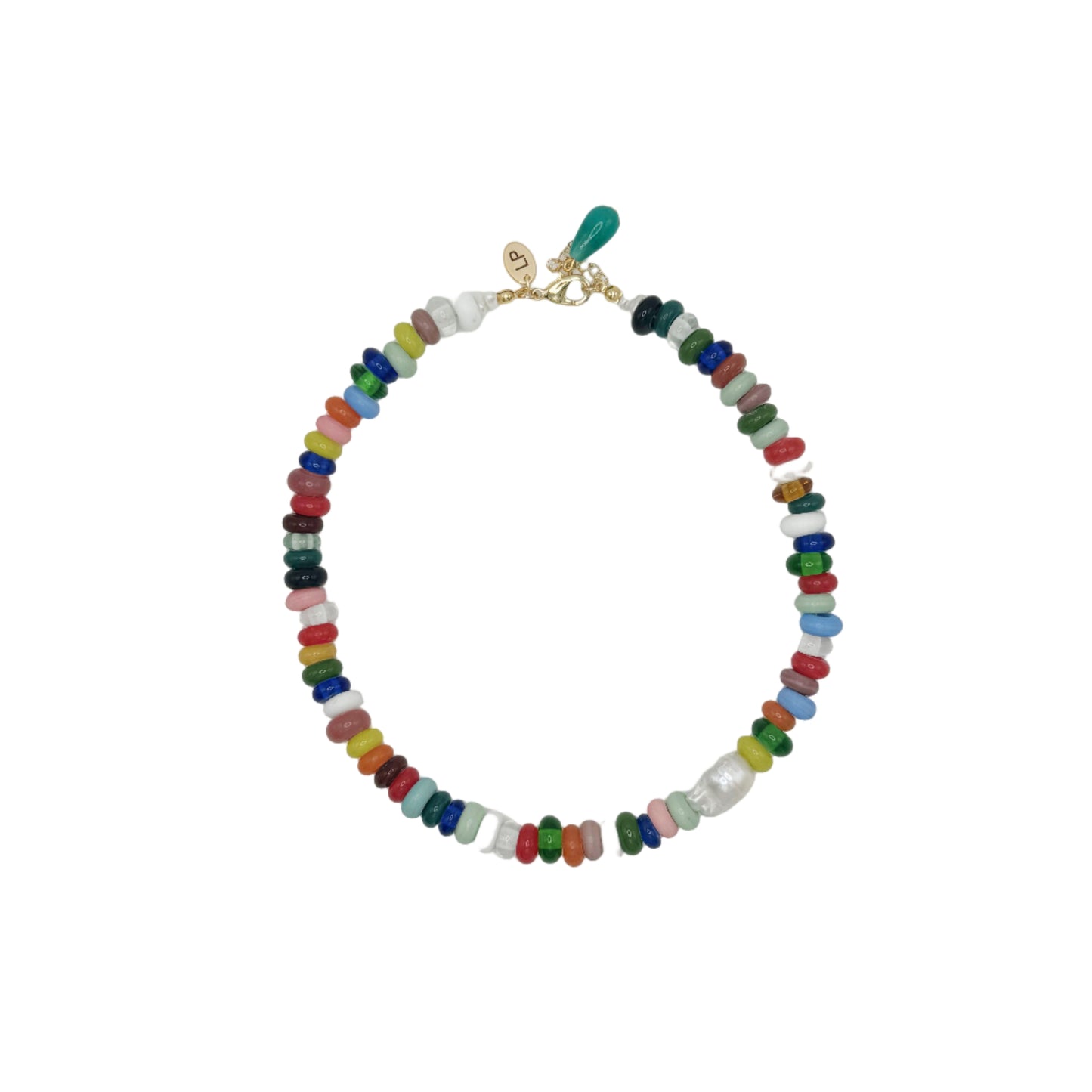 Colorful beaded necklace on a white background