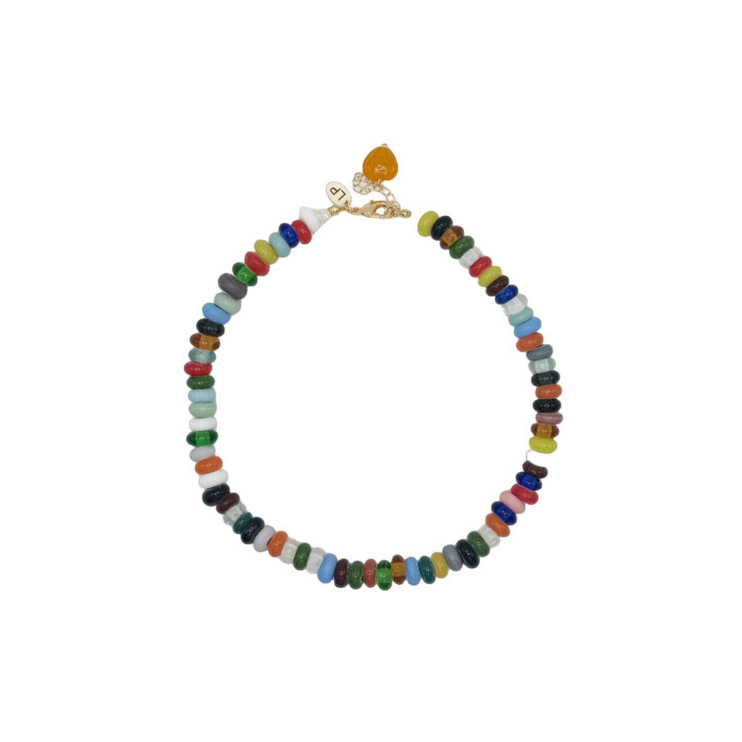 Multicolored beaded necklace on a white background