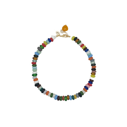 Multicolored beaded necklace on a white background
