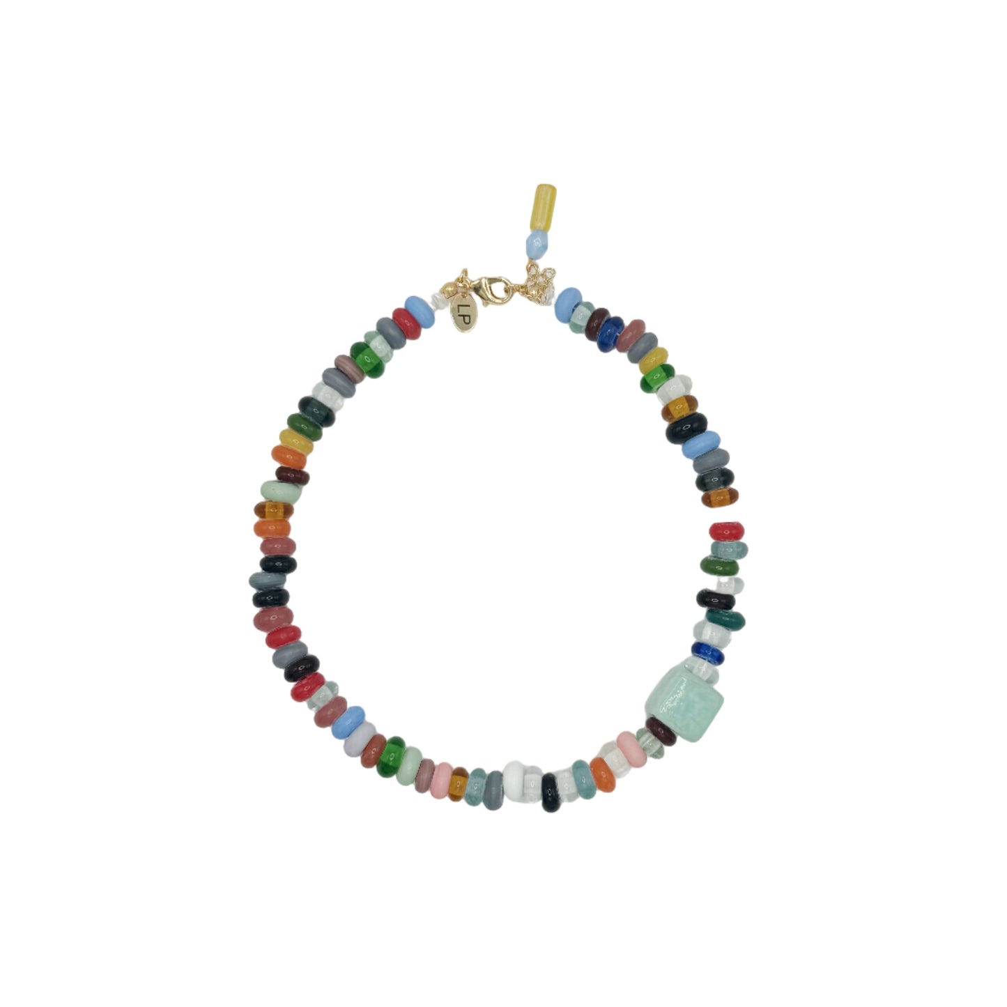 Colorful beaded necklace on a white background