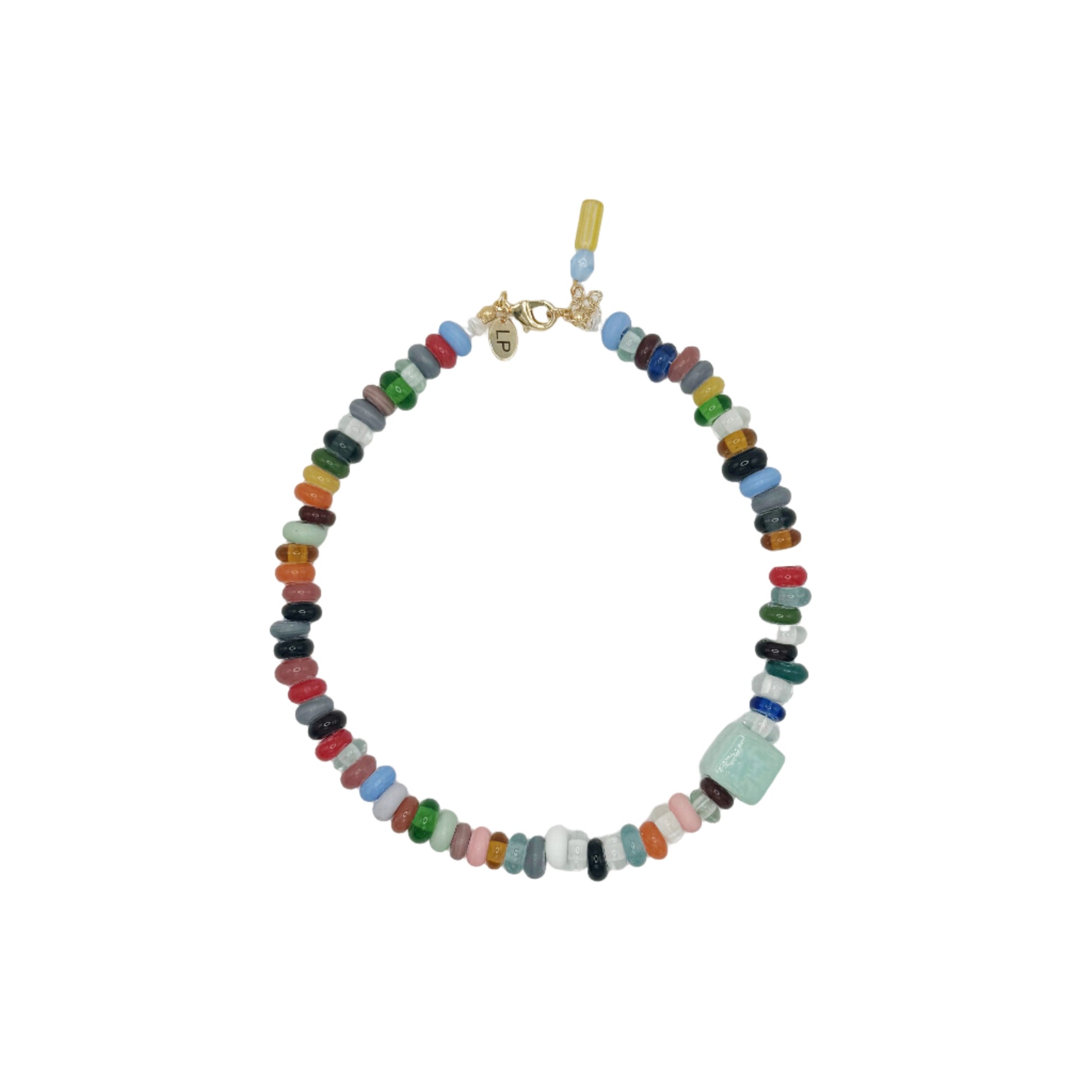 Colorful beaded necklace on a white background