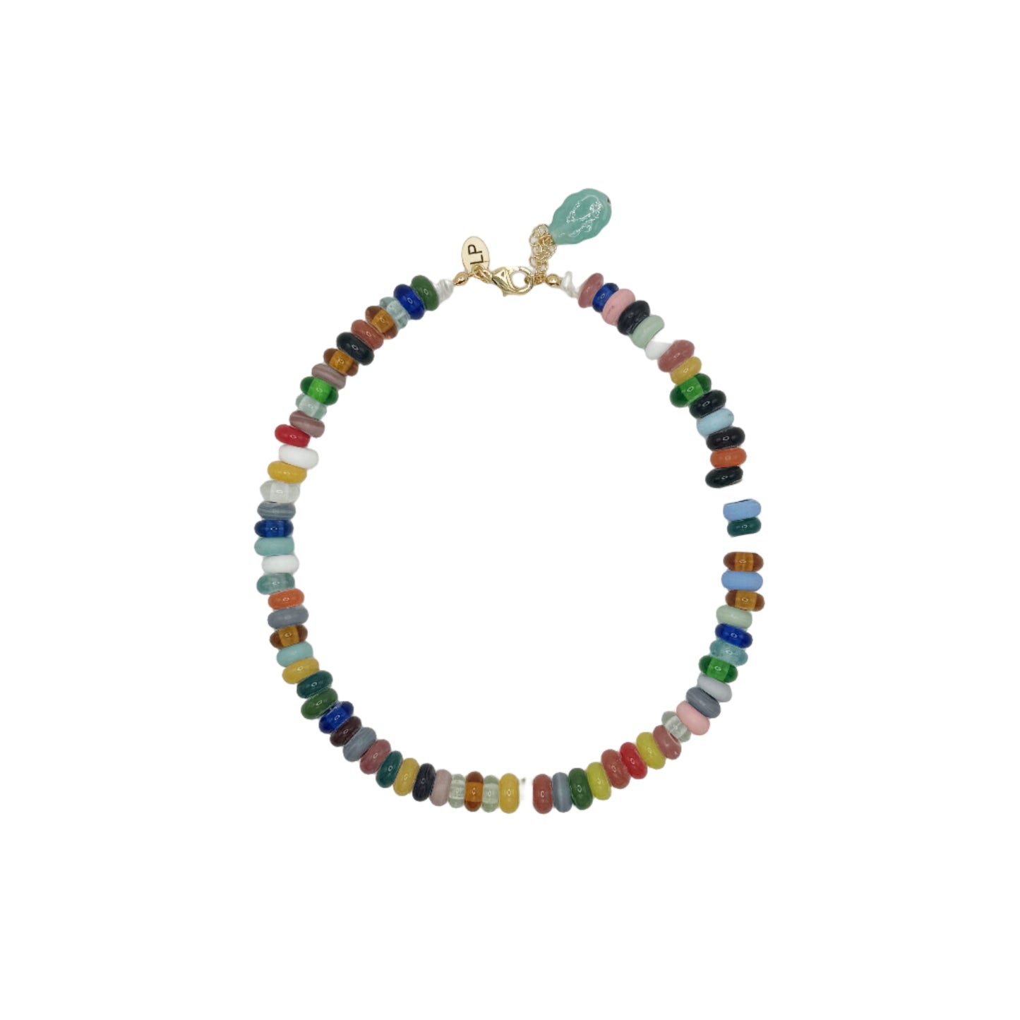 Multicolored beaded necklace with a green leaf pendant on a white background