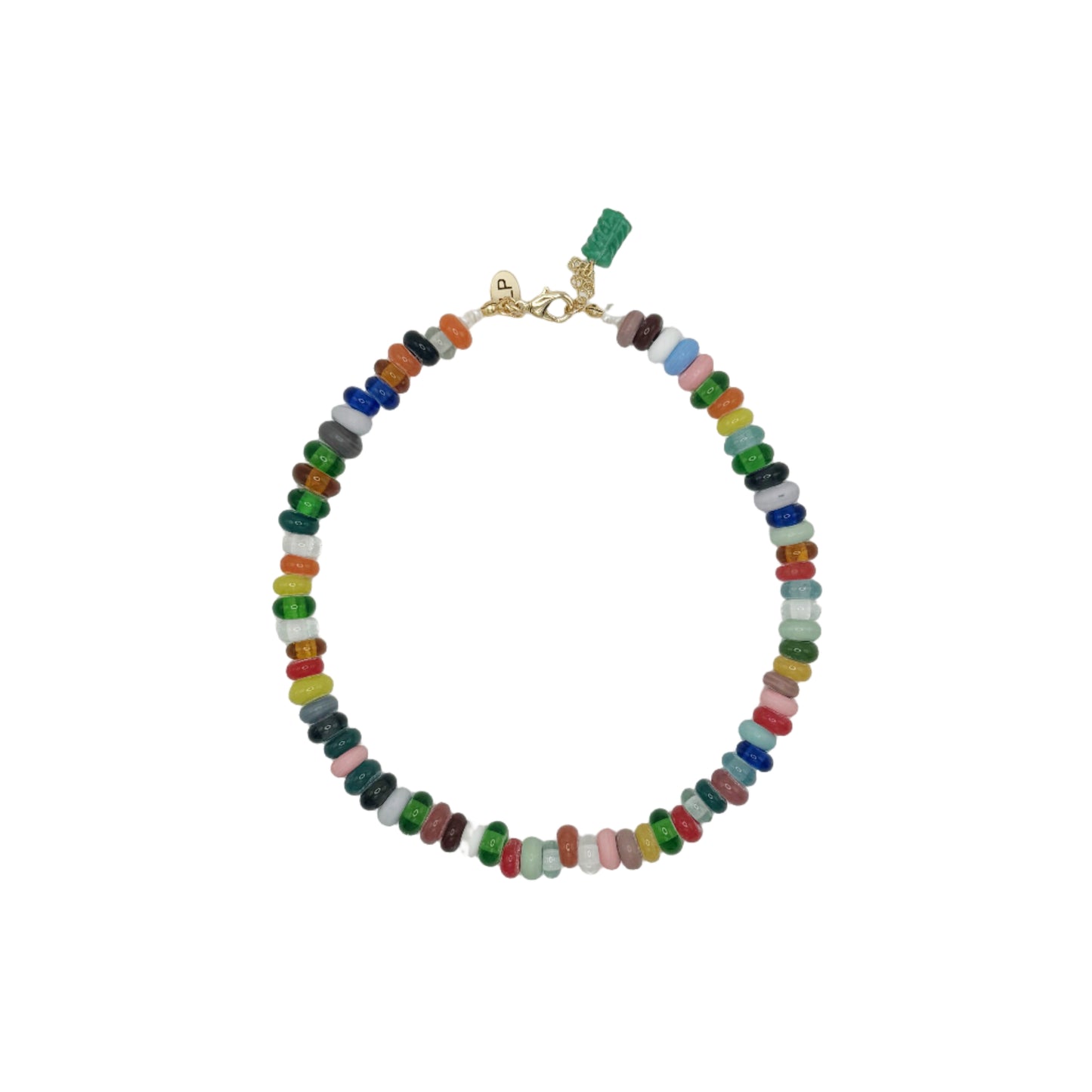 Multicolored beaded necklace on a white background