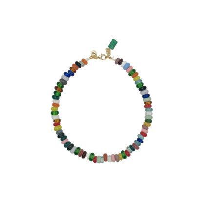 Multicolored beaded necklace on a white background