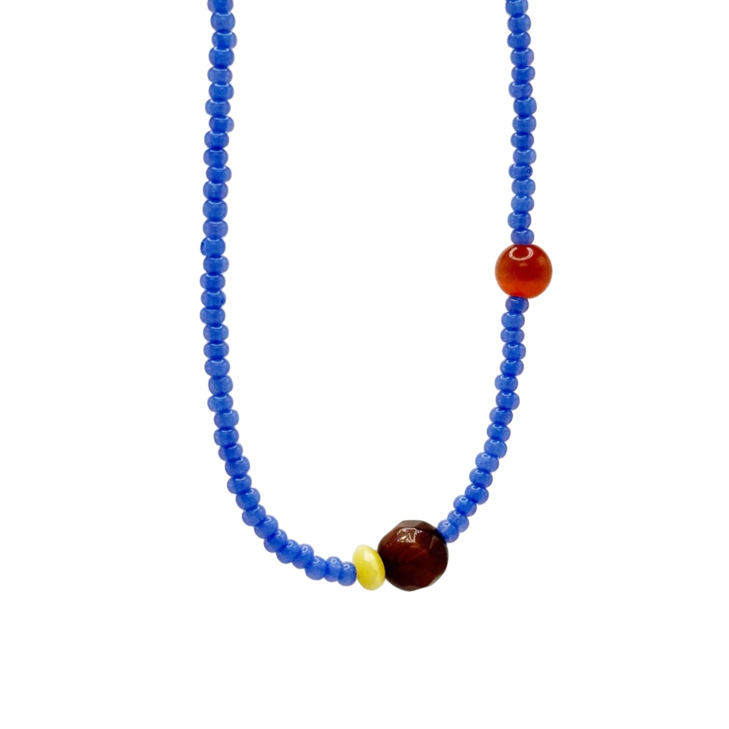 Necklace with blue beads and a brown bead on a white background