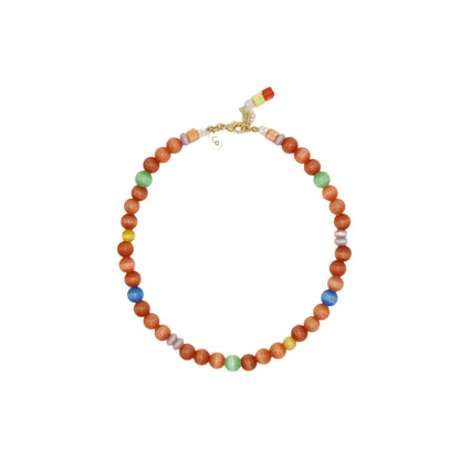 Beaded necklace with multicolor beads on a white background