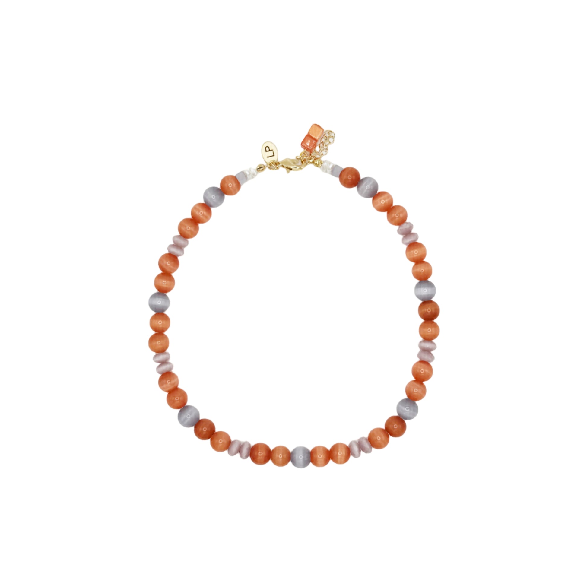 Necklace with orange and gray beads on a white background